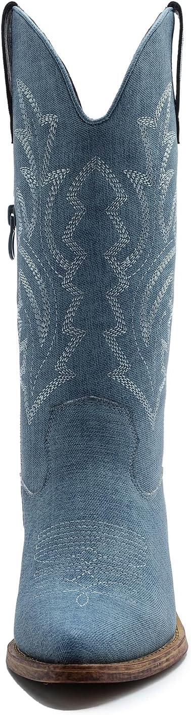 imageGLOBALWIN Womens Mid Calf Western Cowboy Boots Cowgirl Boots for Women with Floral Embroidery Side Zipper Chunky Heel23yy13 Denim Blue