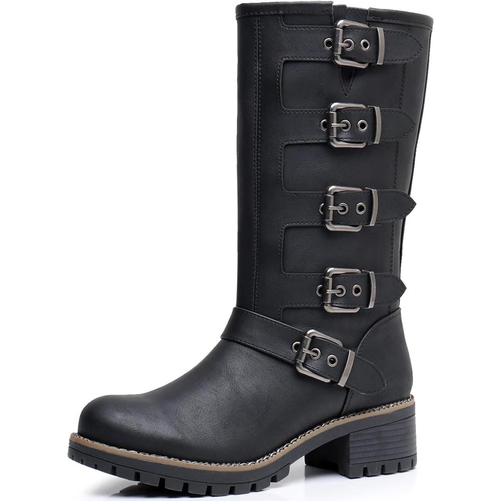 imageGLOBALWIN Chunky Mid Calf Fashion Dressy Motocycle Biker Military Style Combat Boots for Women Low Heel23yy11 Black