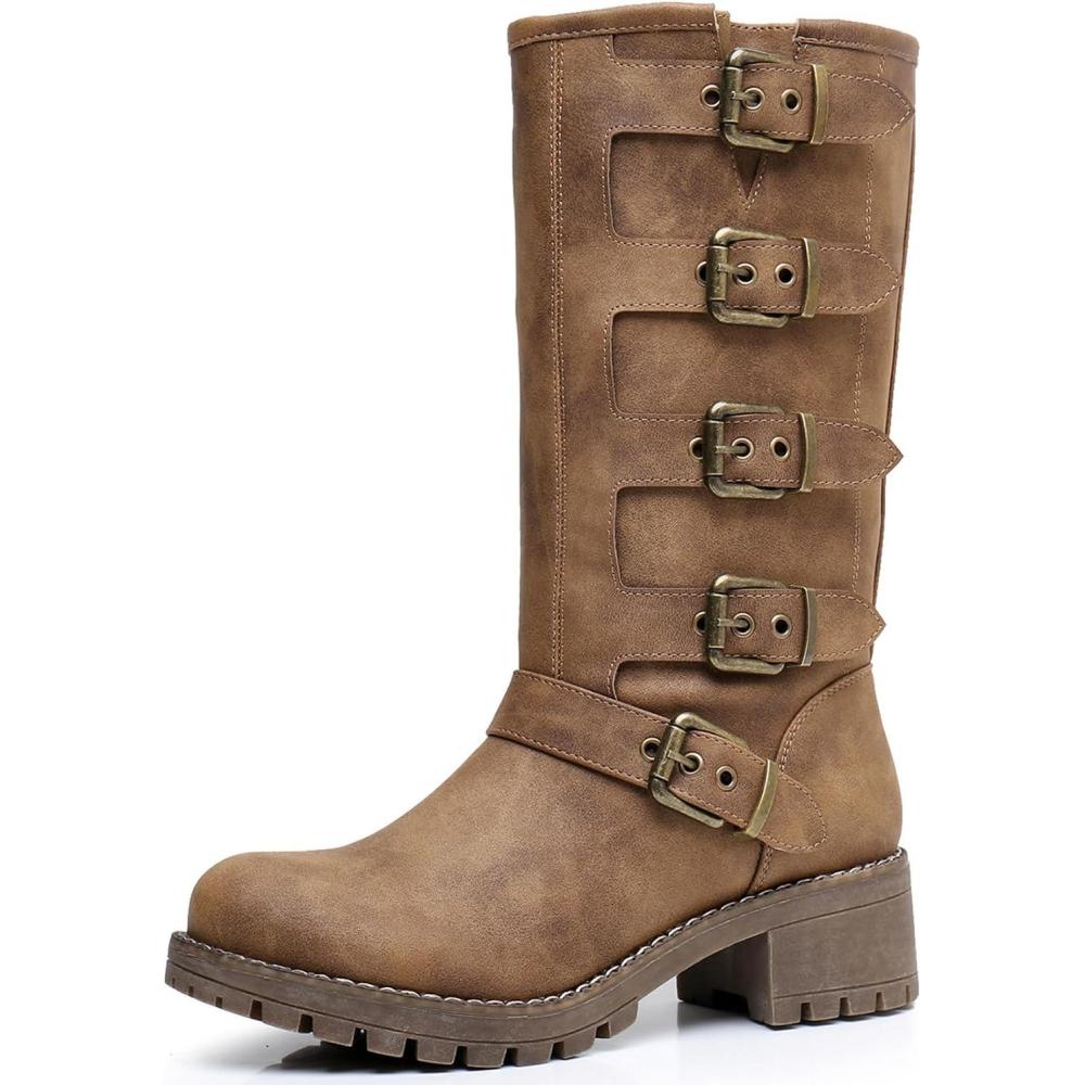 imageGLOBALWIN Chunky Mid Calf Fashion Dressy Motocycle Biker Military Style Combat Boots for Women Low Heel23yy11 Camel