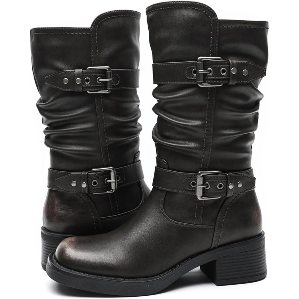 imageGLOBALWIN Chunky Mid Calf Fashion Dressy Motocycle Biker Military Style Combat Boots for Women Low Heel24yy01 Brown
