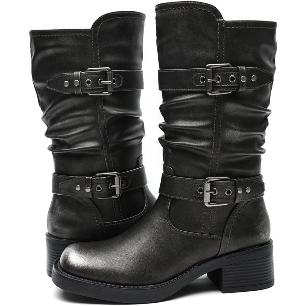 imageGLOBALWIN Chunky Mid Calf Fashion Dressy Motocycle Biker Military Style Combat Boots for Women Low Heel24yy01 Silver