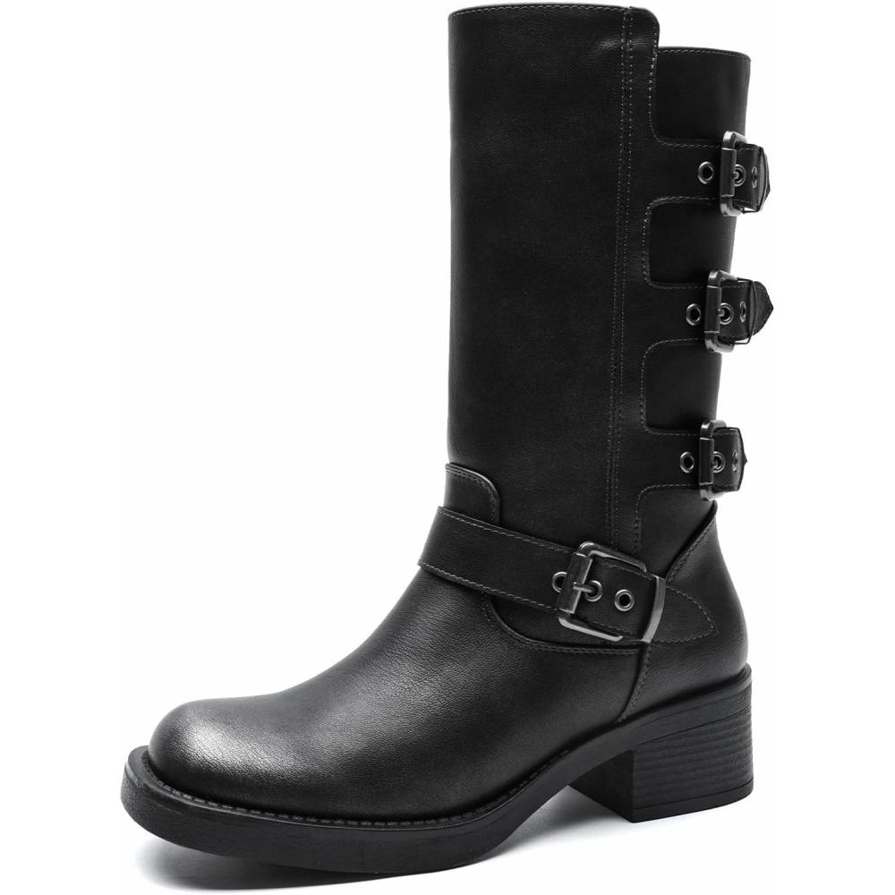 imageGLOBALWIN Chunky Mid Calf Fashion Dressy Motocycle Biker Military Style Combat Boots for Women Low Heel24yy02 Distressed Silver