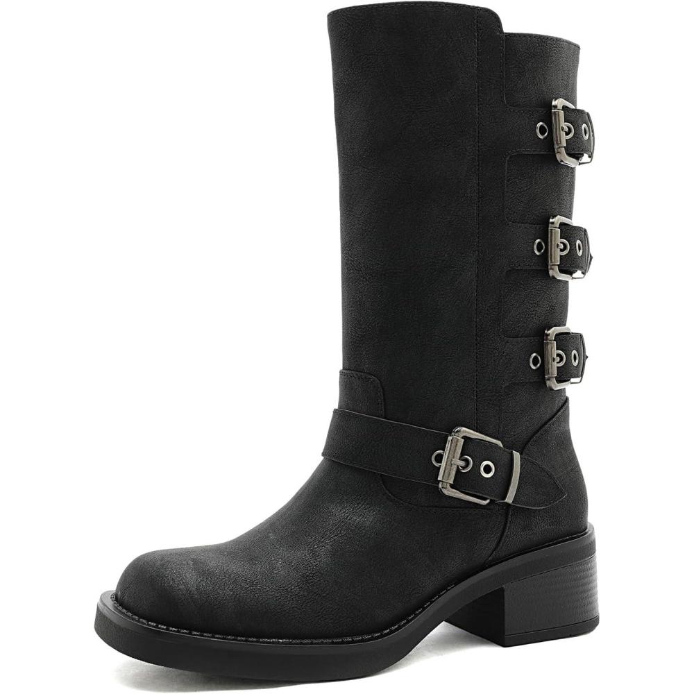 imageGLOBALWIN Chunky Mid Calf Fashion Dressy Motocycle Biker Military Style Combat Boots for Women Low HeelBlack