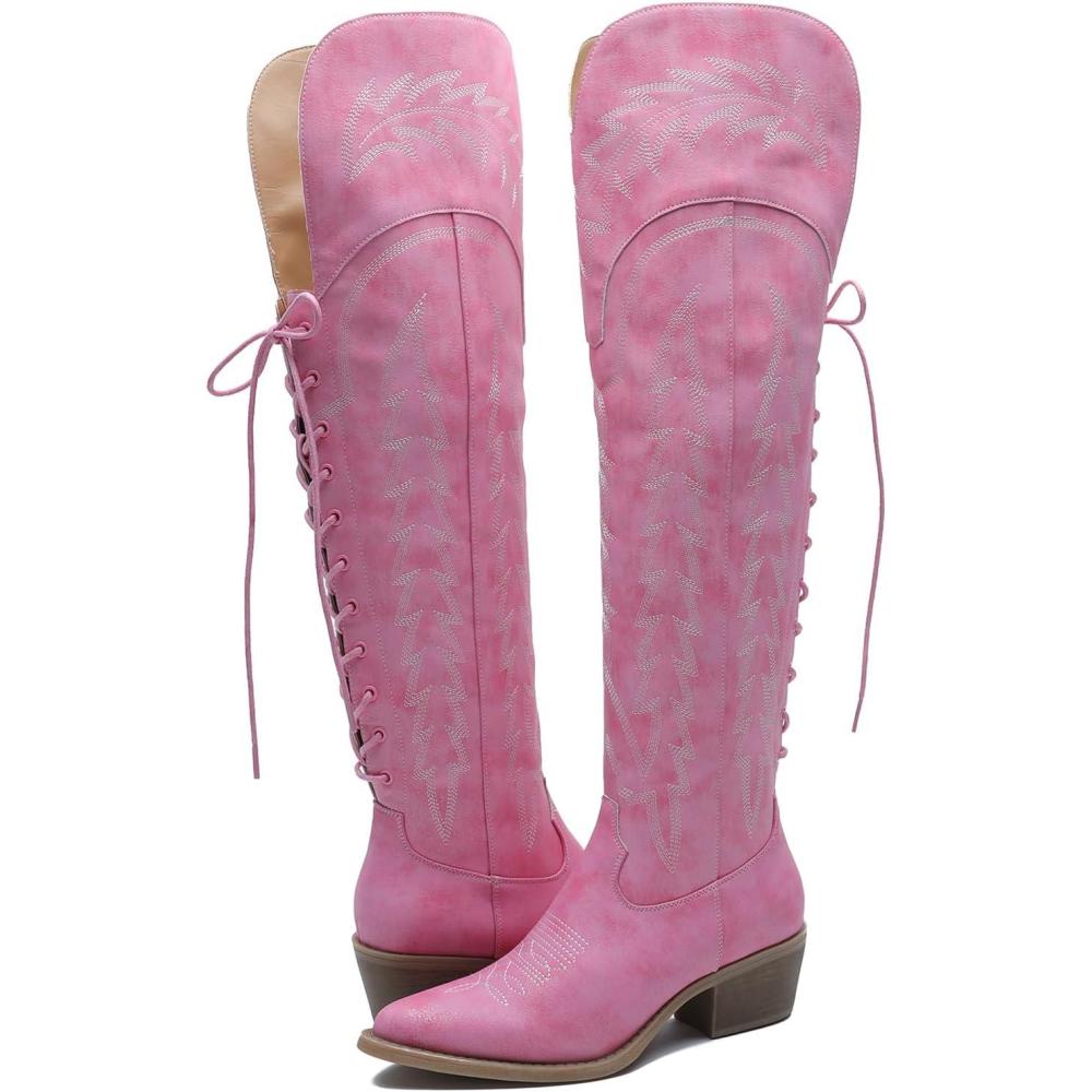imageGLOBALWIN Womens Cowboy Western Fashion Over The Knee Thigh High Cowgirl Boots Low Heel23yy08 Pink