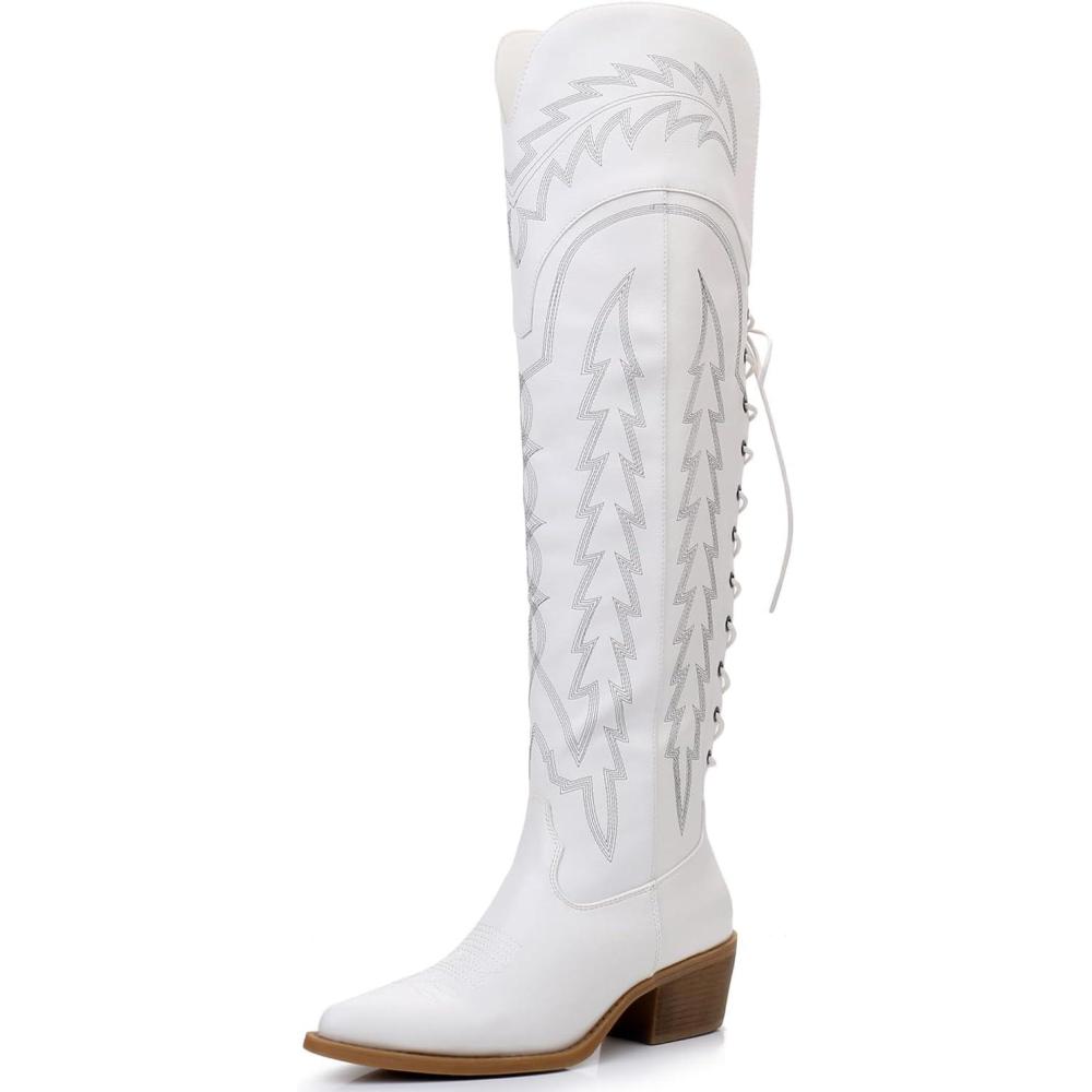 imageGLOBALWIN Womens Cowboy Western Fashion Over The Knee Thigh High Cowgirl Boots Low Heel23yy08 White