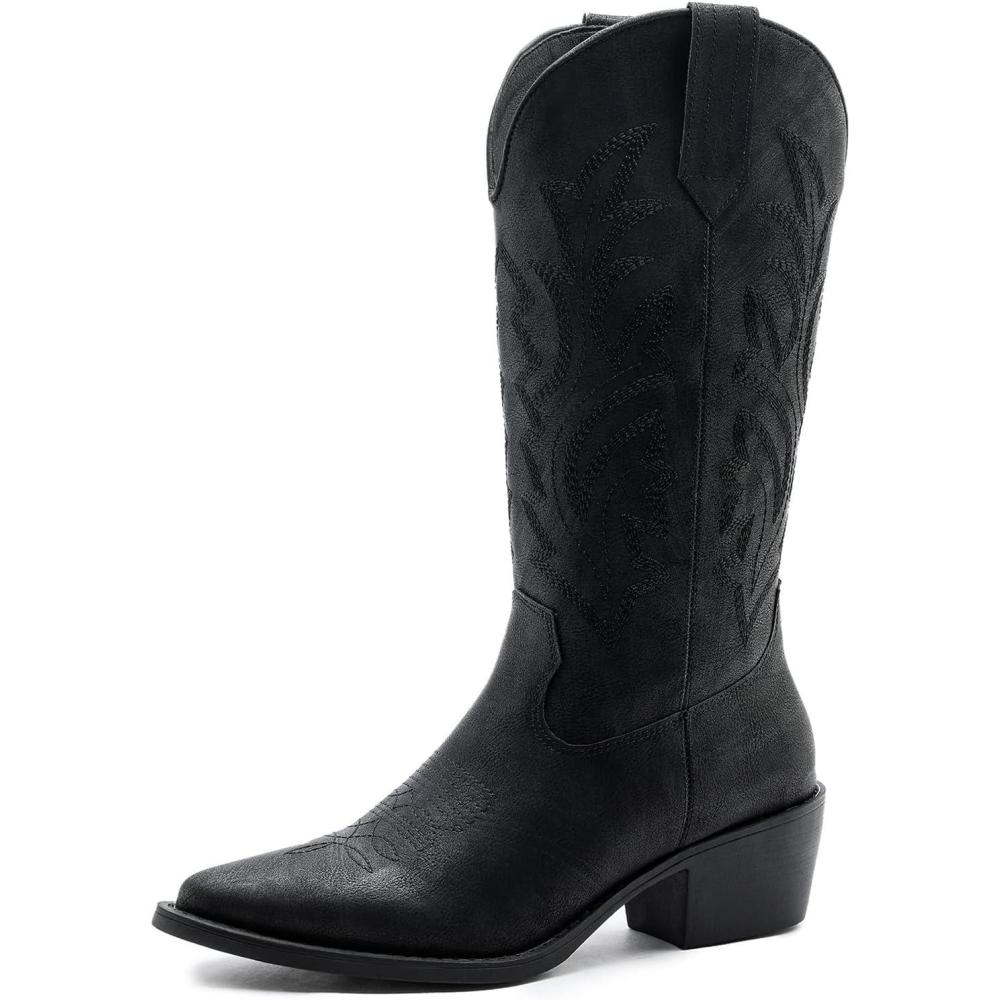 imageGLOBALWIN Womens Mid Calf Western Cowboy Boots Cowgirl Boots for Women with Floral Embroidery Side Zipper Chunky Heel23yy13 Black