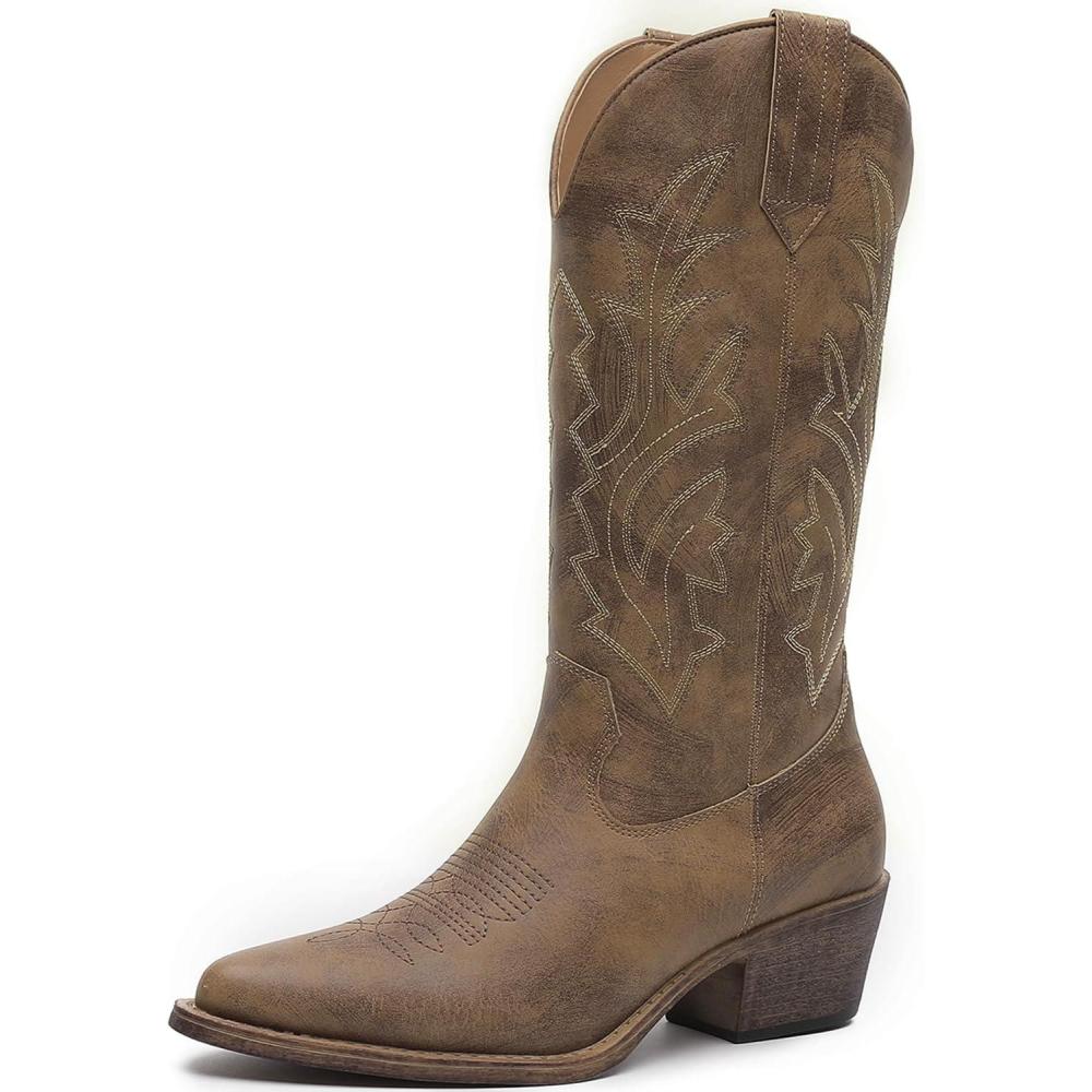 imageGLOBALWIN Womens Mid Calf Western Cowboy Boots Cowgirl Boots for Women with Floral Embroidery Side Zipper Chunky Heel23yy13 Camel