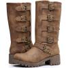 GLOBALWIN Chunky Mid Calf Fashion Dressy Motocycle Biker Military Style Combat Boots for Women Low Heel(23yy11 Camel)