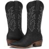 GLOBALWIN Women’s Mid Calf Western Cowboy Boots Cowgirl Boots for Women with Floral Embroidery Side Zipper Chunky Heel(23yy13 Black2)