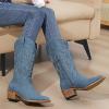 GLOBALWIN Women’s Mid Calf Western Cowboy Boots Cowgirl Boots for Women with Floral Embroidery Side Zipper Chunky Heel(23yy13 Denim Blue)
