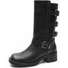 GLOBALWIN Chunky Mid Calf Fashion Dressy Motocycle Biker Military Style Combat Boots for Women Low Heel(24yy02 Distressed Brown)