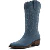 GLOBALWIN Women’s Mid Calf Western Cowboy Boots Cowgirl Boots for Women with Floral Embroidery Side Zipper Chunky Heel(23yy13 Denim Blue)