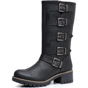 GLOBALWIN Chunky Mid Calf Fashion Dressy Motocycle Biker Military Style Combat Boots for Women Low Heel(23yy11 Black)