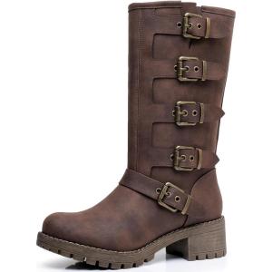 GLOBALWIN Chunky Mid Calf Fashion Dressy Motocycle Biker Military Style Combat Boots for Women Low Heel(23yy11 Brown)