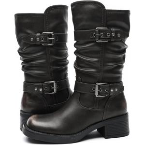 GLOBALWIN Chunky Mid Calf Fashion Dressy Motocycle Biker Military Style Combat Boots for Women Low Heel(24yy01 Brown)