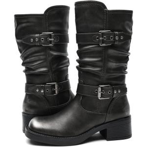 GLOBALWIN Chunky Mid Calf Fashion Dressy Motocycle Biker Military Style Combat Boots for Women Low Heel(24yy01 Silver)