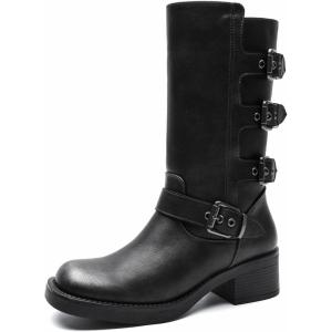 GLOBALWIN Chunky Mid Calf Fashion Dressy Motocycle Biker Military Style Combat Boots for Women Low Heel(24yy02 Distressed Silver)