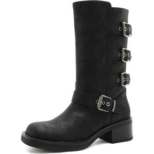 GLOBALWIN Chunky Mid Calf Fashion Dressy Motocycle Biker Military Style Combat Boots for Women Low Heel(Black)