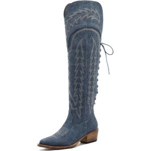 GLOBALWIN Women’s Cowboy Western Fashion Over The Knee Thigh High Cowgirl Boots Low Heel(23yy08 Denim Blue)