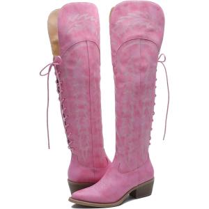 GLOBALWIN Women’s Cowboy Western Fashion Over The Knee Thigh High Cowgirl Boots Low Heel(23yy08 Pink)
