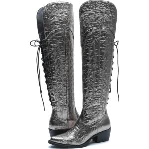GLOBALWIN Women’s Cowboy Western Fashion Over The Knee Thigh High Cowgirl Boots Low Heel(23yy08 Silver)