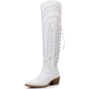 GLOBALWIN Women’s Cowboy Western Fashion Over The Knee Thigh High Cowgirl Boots Low Heel(23yy08 White)
