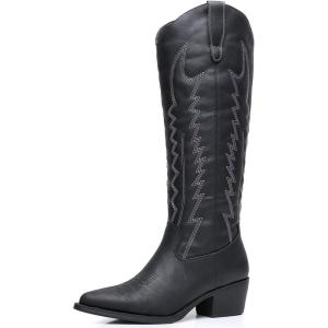 GLOBALWIN Women’s Knee High Long Pointed Toe Western Cowboy Boots For Women(23yy03 Black)