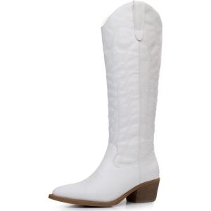GLOBALWIN Women’s Knee High Long Pointed Toe Western Cowboy Boots For Women(23yy03 White)