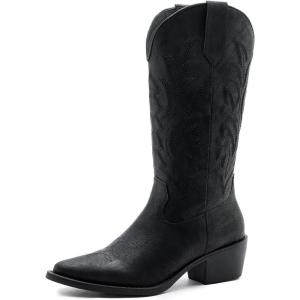 GLOBALWIN Women’s Mid Calf Western Cowboy Boots Cowgirl Boots for Women with Floral Embroidery Side Zipper Chunky Heel(23yy13 Black)