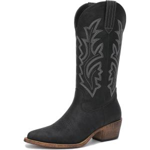 GLOBALWIN Women’s Mid Calf Western Cowboy Boots Cowgirl Boots for Women with Floral Embroidery Side Zipper Chunky Heel(23yy13 Black2)