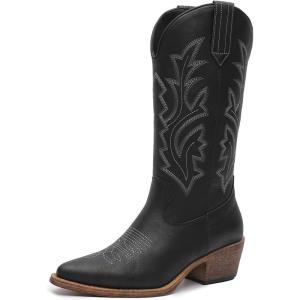 GLOBALWIN Women’s Mid Calf Western Cowboy Boots Cowgirl Boots for Women with Floral Embroidery Side Zipper Chunky Heel(23yy13 Black3)