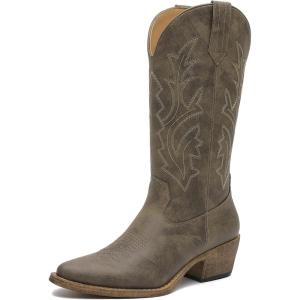 GLOBALWIN Women’s Mid Calf Western Cowboy Boots Cowgirl Boots for Women with Floral Embroidery Side Zipper Chunky Heel(23yy13 Brown)