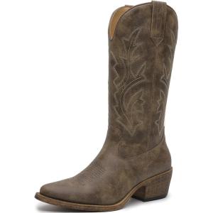 GLOBALWIN Women’s Mid Calf Western Cowboy Boots Cowgirl Boots for Women with Floral Embroidery Side Zipper Chunky Heel(23yy13 Dark Brown)