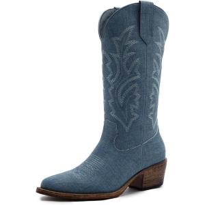 GLOBALWIN Women’s Mid Calf Western Cowboy Boots Cowgirl Boots for Women with Floral Embroidery Side Zipper Chunky Heel(23yy13 Denim Blue)