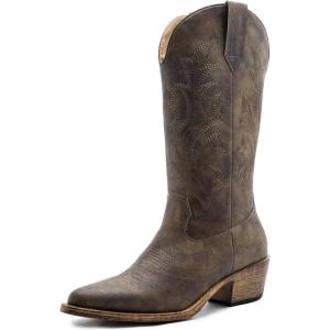 GLOBALWIN Women’s Mid Calf Western Cowboy Boots Cowgirl Boots for Women with Floral Embroidery Side Zipper Chunky Heel(23yy13-11 Brown)