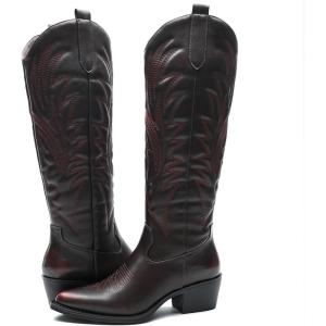 GLOBALWIN Women’s The Western Cowboy Cowgirl Embroidered Knee High Boots(23yy12 Burgundy)