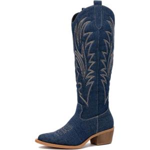 GLOBALWIN Women’s The Western Cowboy Cowgirl Embroidered Knee High Boots(23yy12 Dark Denim)