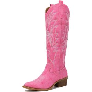 GLOBALWIN Women’s The Western Cowboy Cowgirl Embroidered Knee High Boots(23yy12 Pink)
