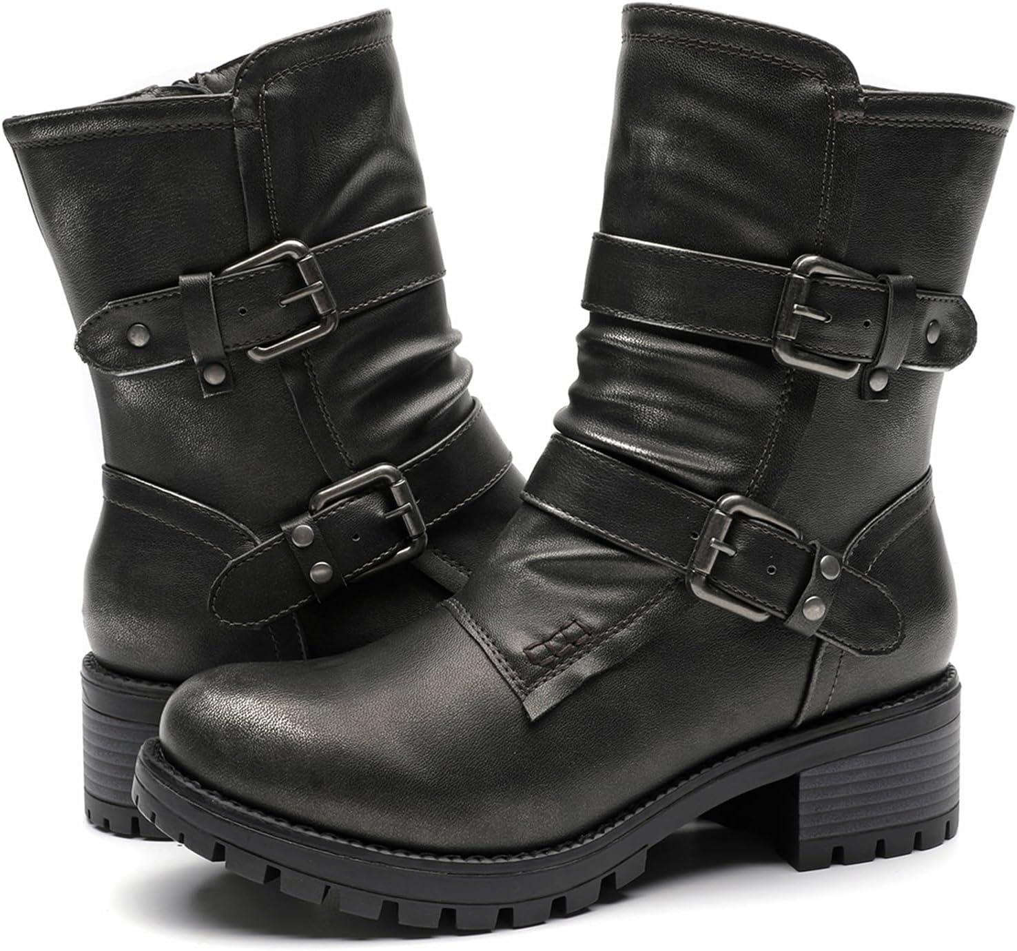 imageGLOBALWIN Lace up Mid Calf Motorcycle Fashion Festival Boots Combat Riding Military Boots for Women19yy19 Silver Distressed