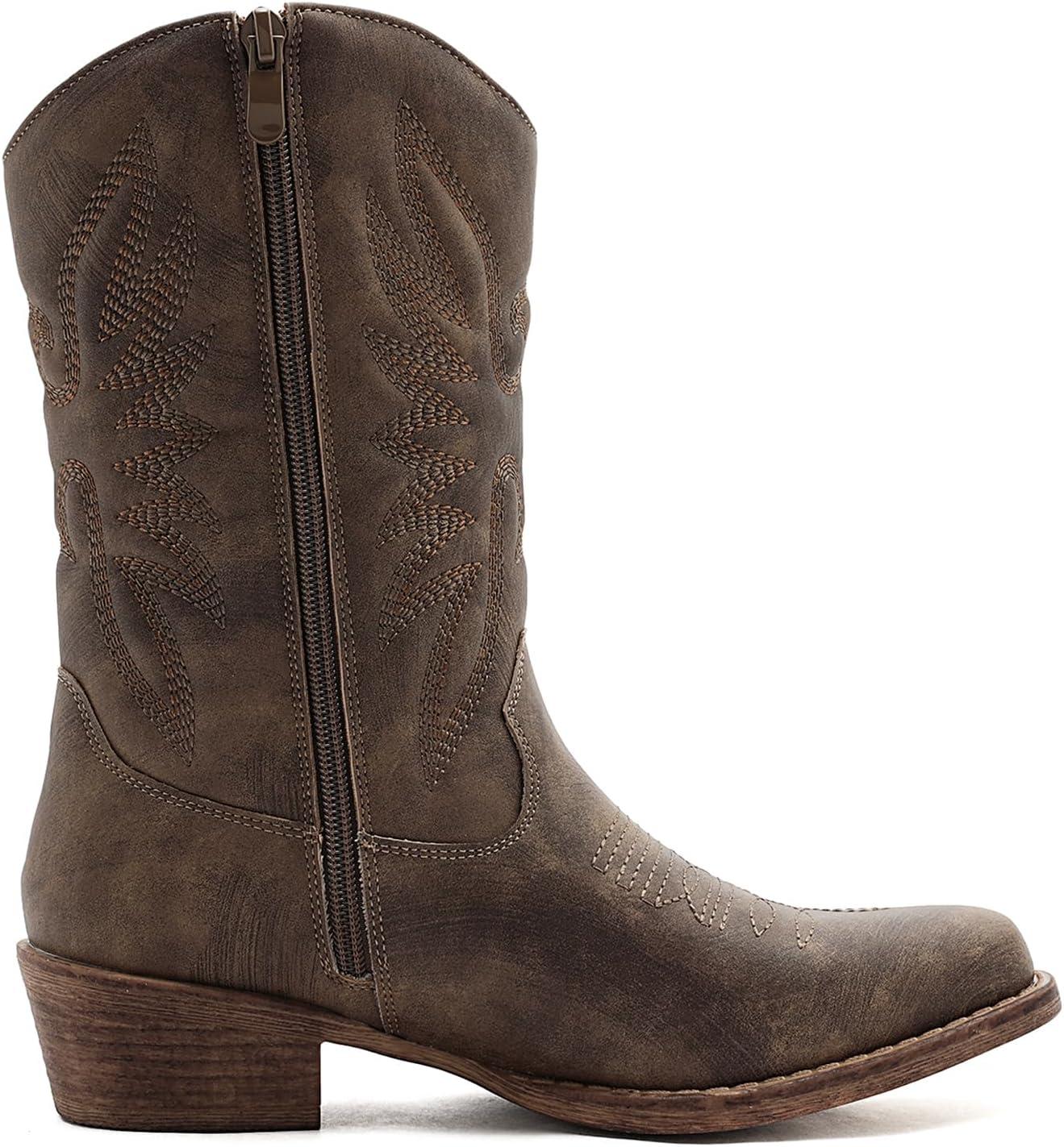 imageGLOBALWIN Square Toe Black Cowboy Boots For Women Cowgirl Western Boots With Low Heel Size 10M25yy02brown