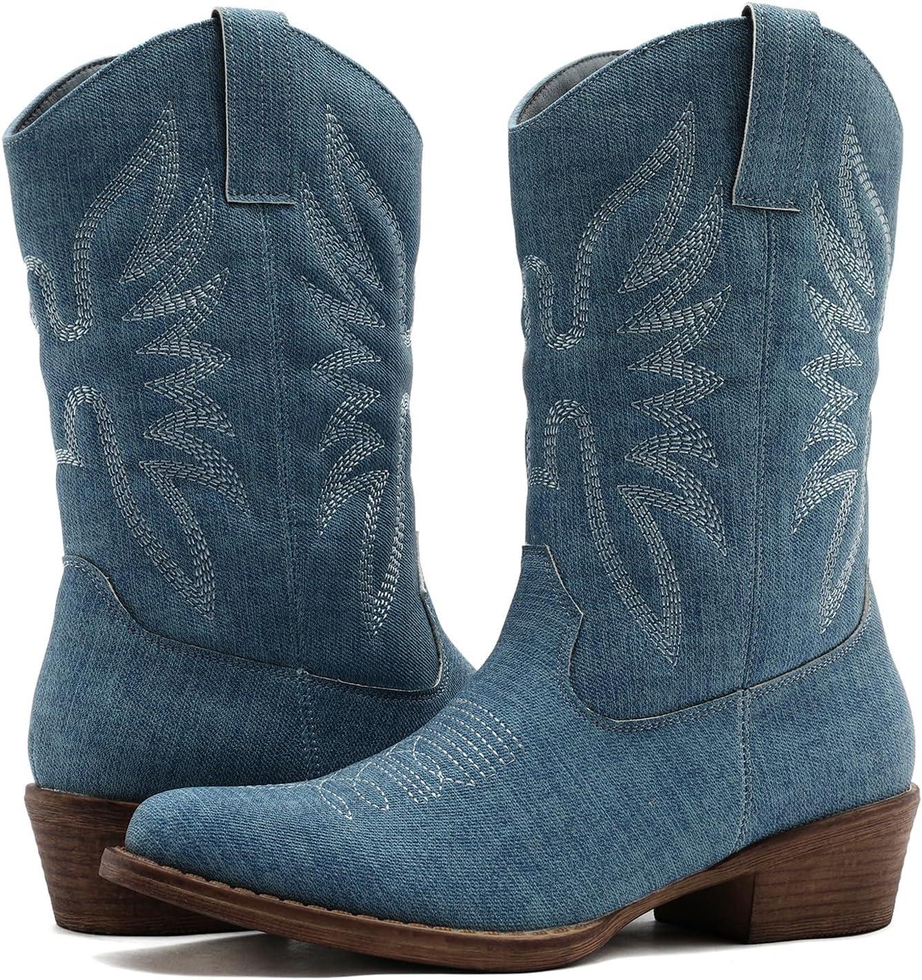 imageGLOBALWIN Square Toe Black Cowboy Boots For Women Cowgirl Western Boots With Low Heel Size 10MDenim Blue