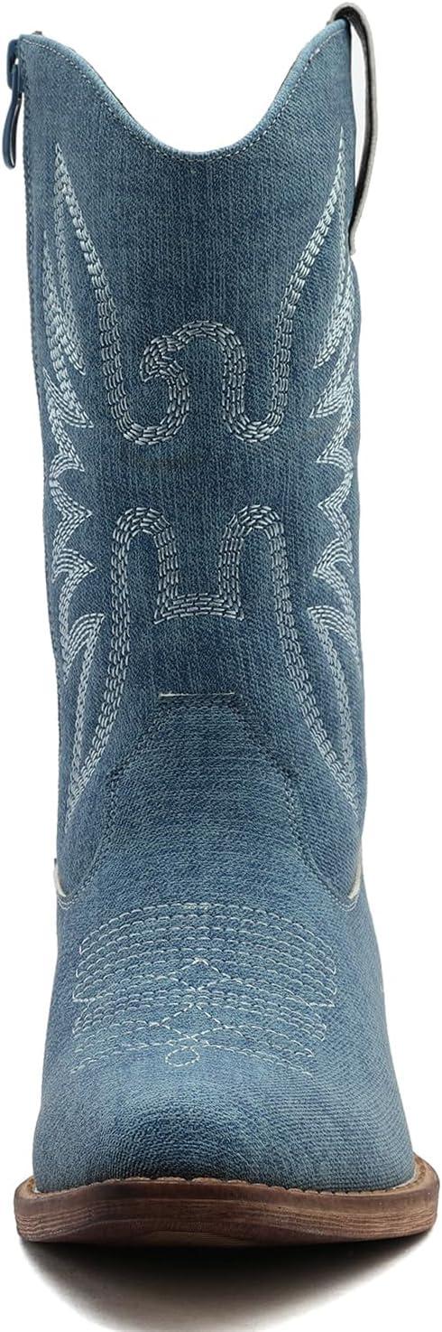 imageGLOBALWIN Square Toe Black Cowboy Boots For Women Cowgirl Western Boots With Low Heel Size 10MDenim Blue