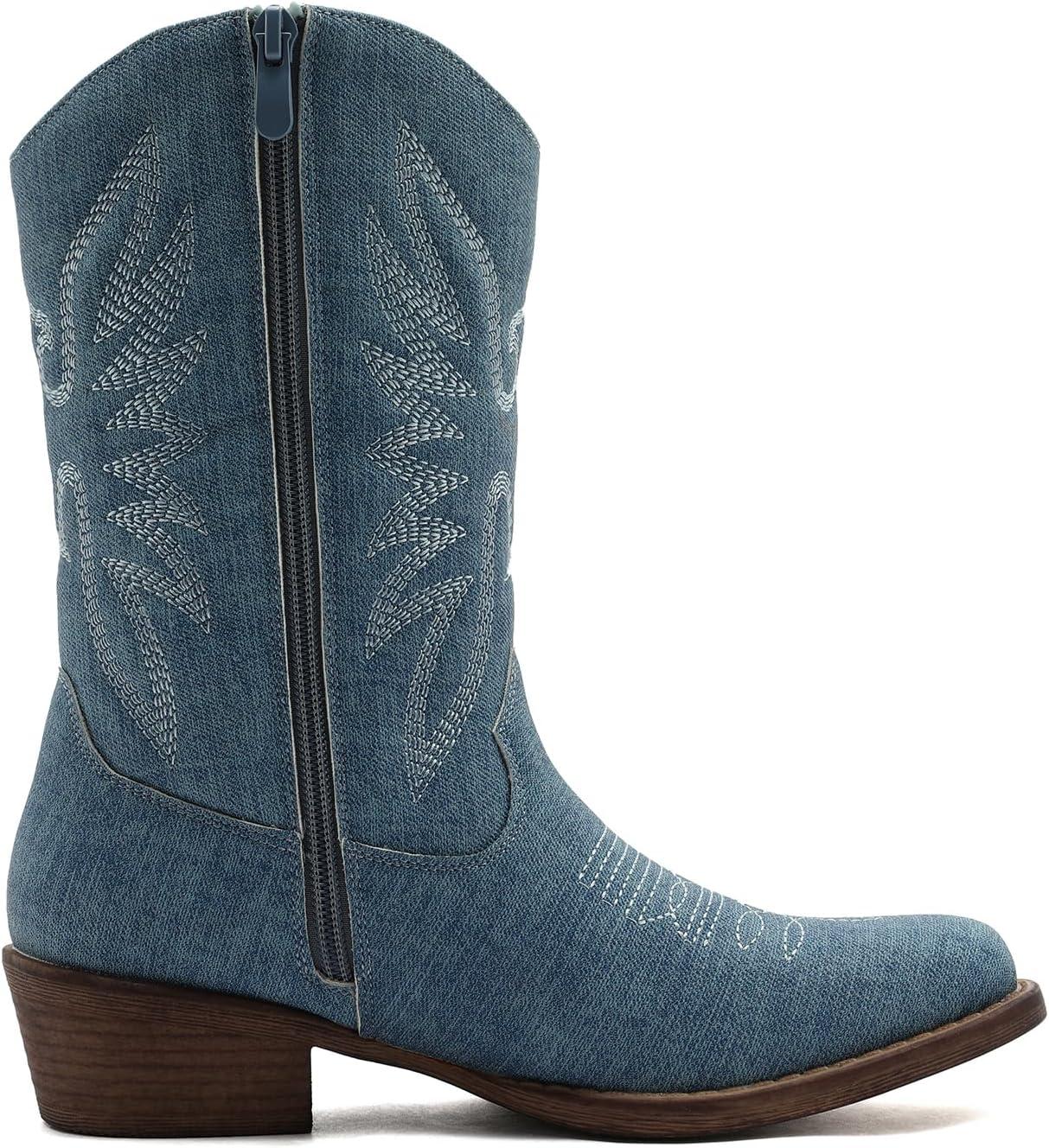 imageGLOBALWIN Square Toe Black Cowboy Boots For Women Cowgirl Western Boots With Low Heel Size 10MDenim Blue