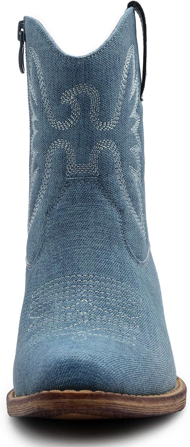 imageGLOBALWIN Womens Mid Calf The Western Cowboy Boots Fashion Cowgirl Boots For Women Low HeelDenim Blue