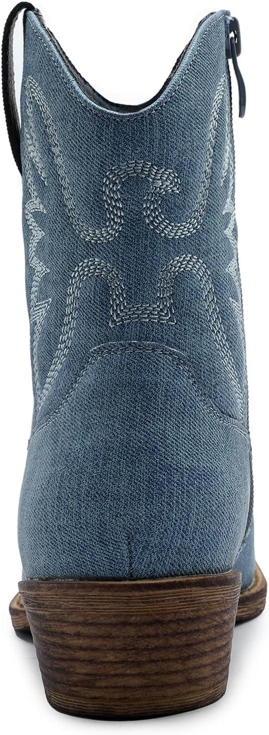 imageGLOBALWIN Womens Mid Calf The Western Cowboy Boots Fashion Cowgirl Boots For Women Low HeelDenim Blue