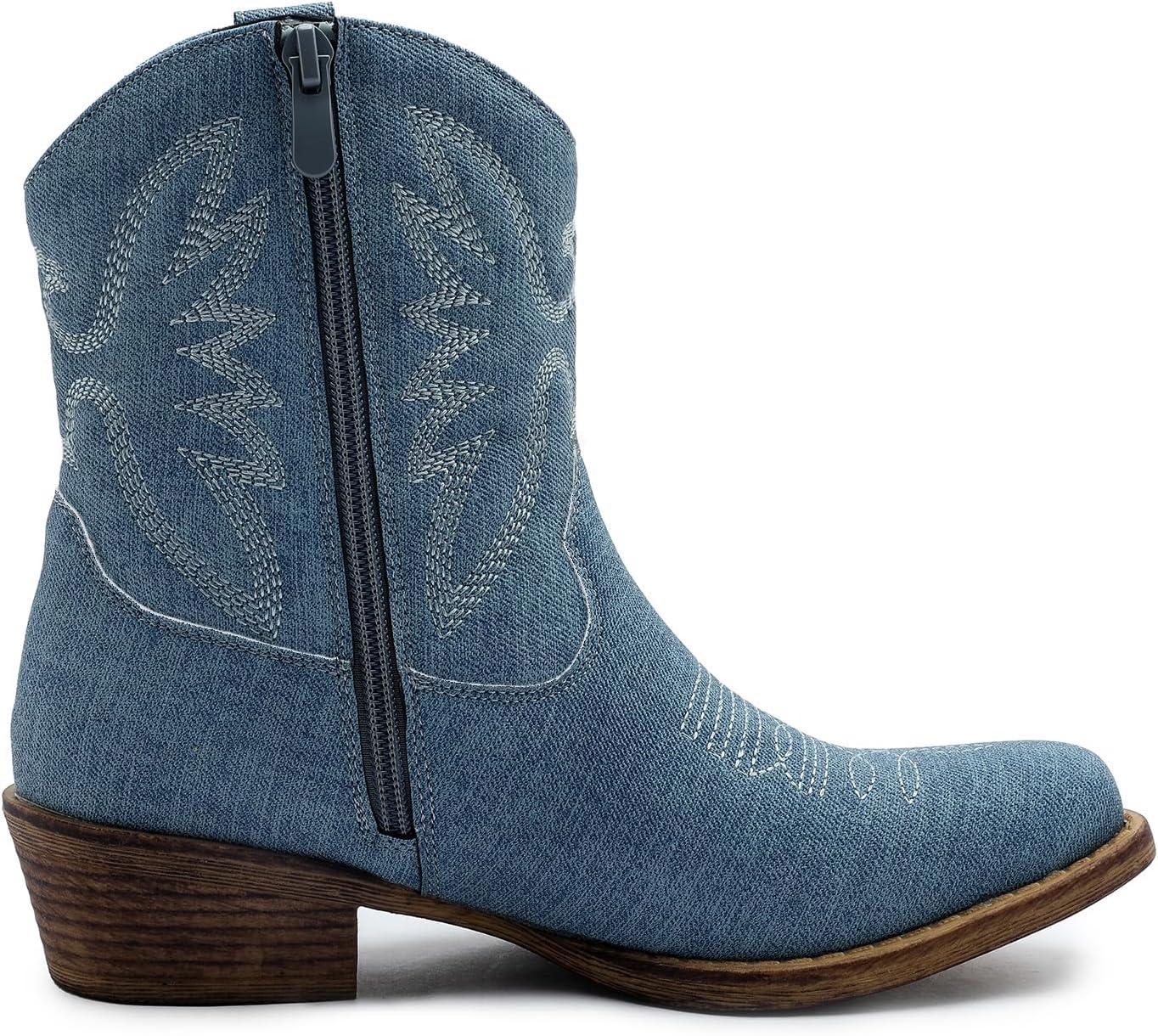 imageGLOBALWIN Womens Mid Calf The Western Cowboy Boots Fashion Cowgirl Boots For Women Low HeelDenim Blue