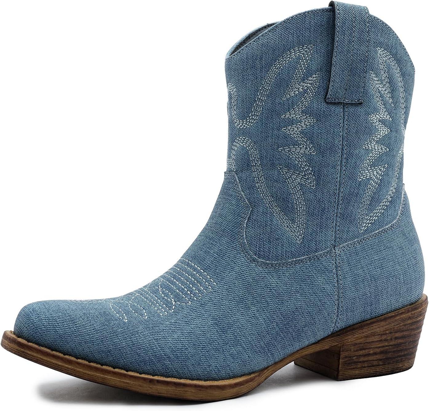 imageGLOBALWIN Womens Mid Calf The Western Cowboy Boots Fashion Cowgirl Boots For Women Low HeelDenim Blue
