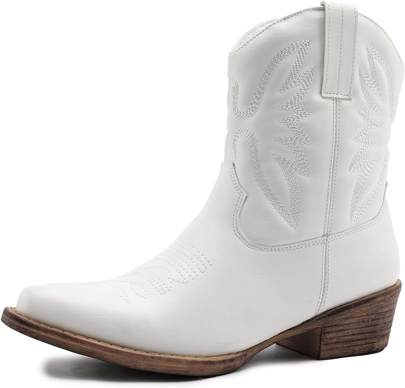 imageGLOBALWIN Womens Mid Calf The Western Cowboy Boots Fashion Cowgirl Boots For Women Low HeelWhite