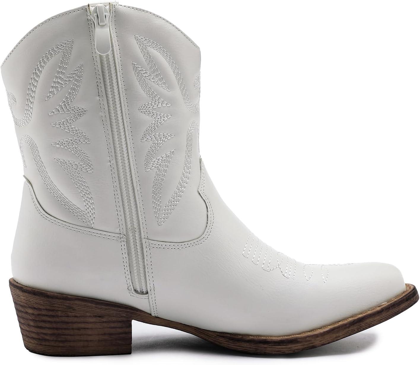 imageGLOBALWIN Womens Mid Calf The Western Cowboy Boots Fashion Cowgirl Boots For Women Low HeelWhite