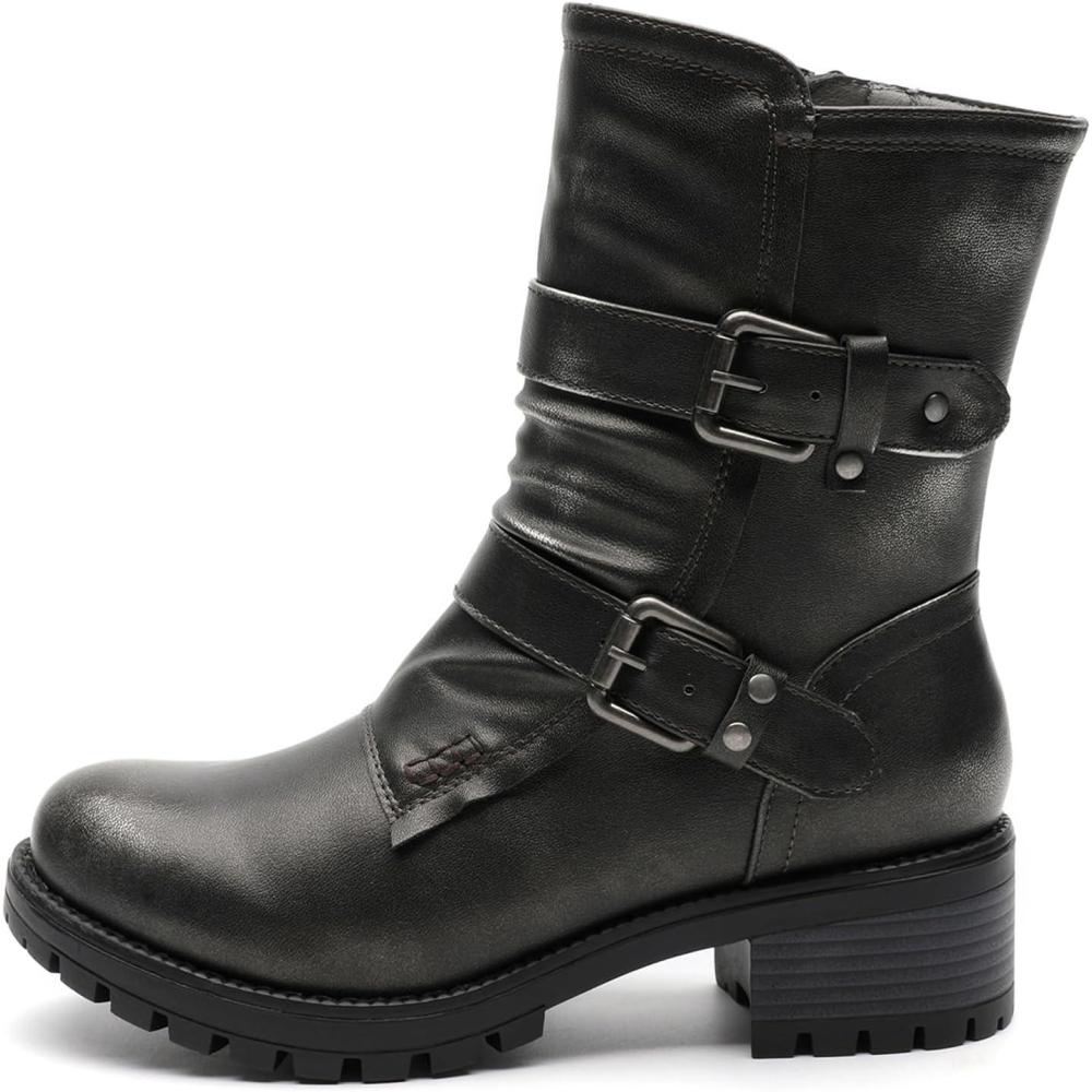 imageGLOBALWIN Lace up Mid Calf Motorcycle Fashion Festival Boots Combat Riding Military Boots for Women19yy19 Silver Distressed